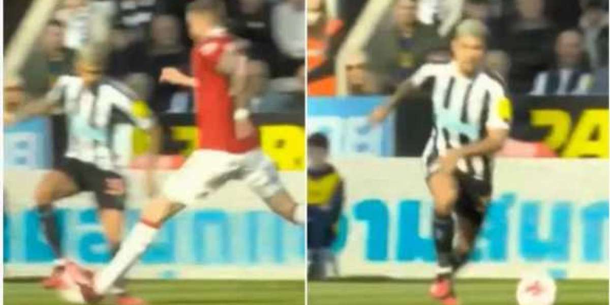 Newcastle's Bruno Guimaraes nutmegs Manchester United's Wayne Rooney, sending him into the stands.